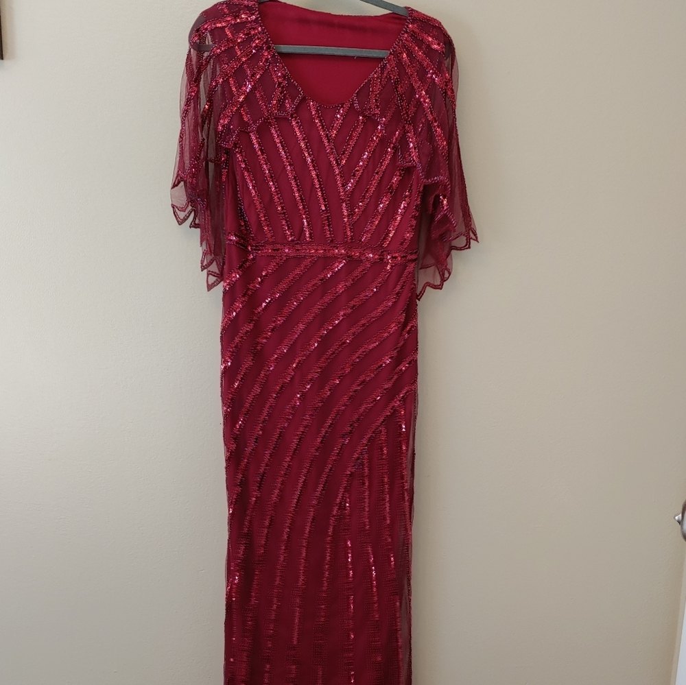 Retro Stage Wine Red Mesh Sequined Cape Maxi Dress, Size XL